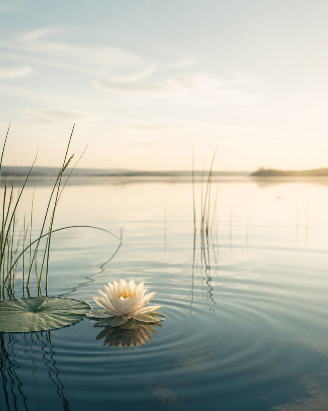 Weiße Lotusblüte auf einem stillen See im warmen Morgenlicht